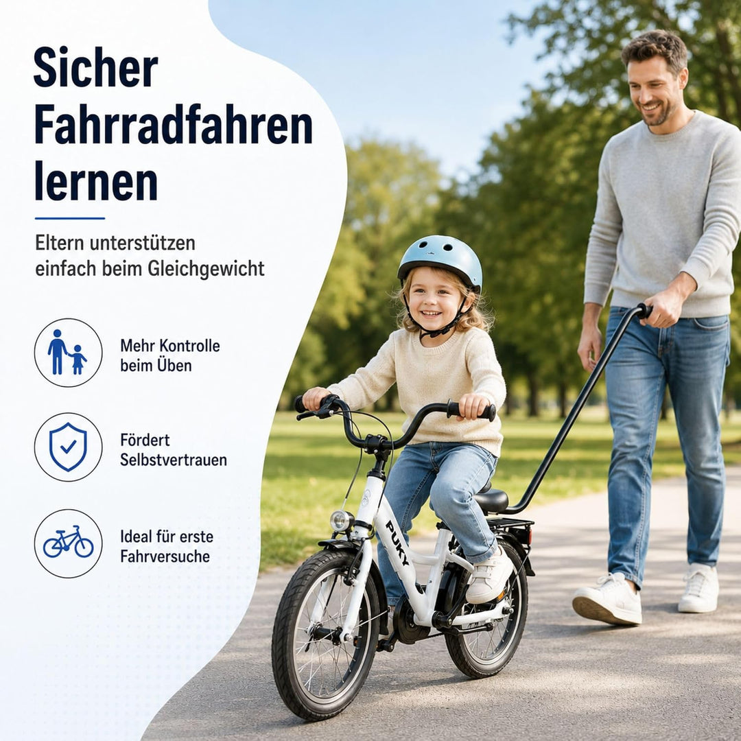 Puky Fahrradlernhilfe Sattel mit Schiebestange Schwarz & Windel Blaubaer | Schnelle Montage, Balance