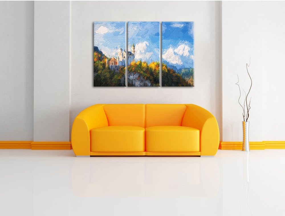Pixxprint Schloss Neuschwanstein / 3-Teilig/Gesamtmass 120cm Leinwandbild bespannt auf Holzrahmen/Wa