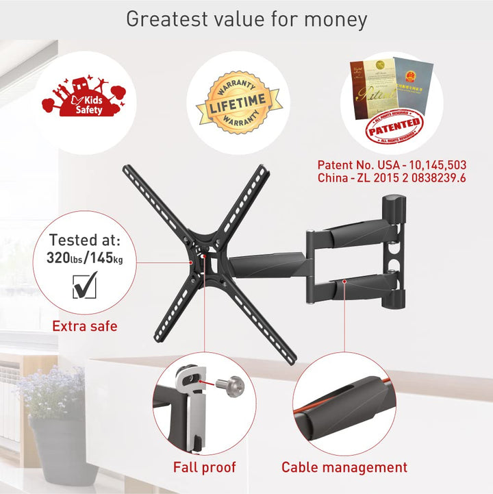 Barkan Long TV Wall Mount, 13-65 inch Full Motion Articulating - 4 Movement Premium Flat/Curved Scre