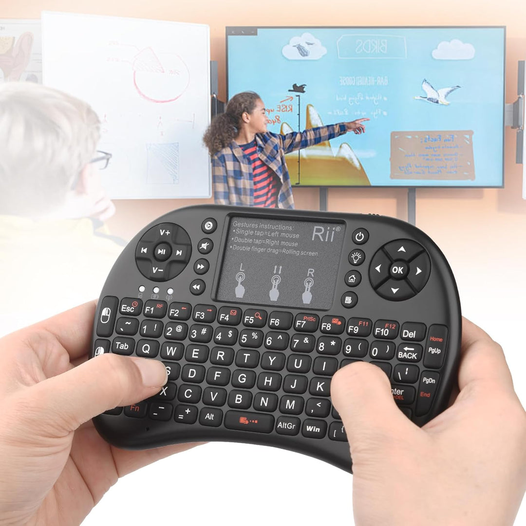 Rii Mini i8+ Wireless (QWERTY US Layout) - Mini Beleuchtete Tastatur mit Multi-Touch Maus-Pad für Sm
