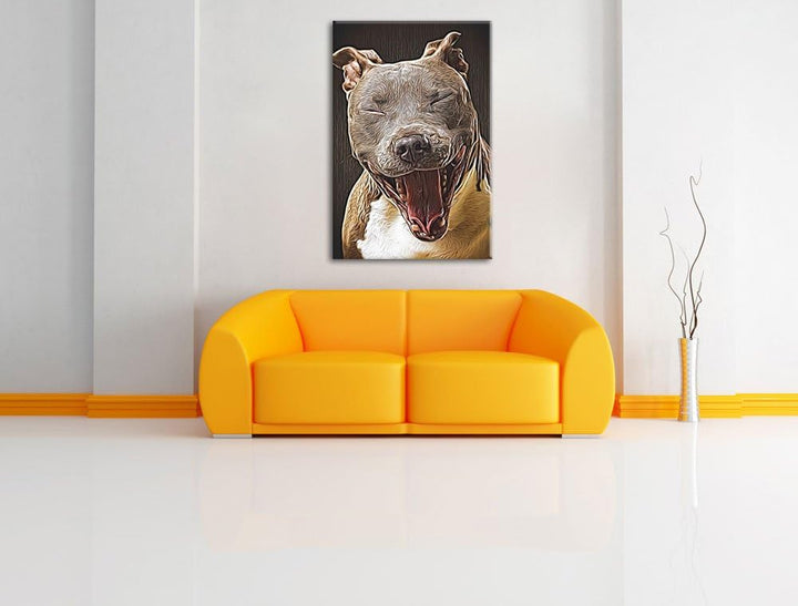 Lachender Pitbull Deluxe Format: 100x70 cm auf Leinwand, XXL riesige Bilder fertig gerahmt mit Keilr