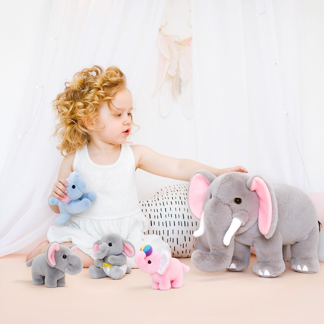 OUOZZZ 5er Set Elefant Kuscheltier Plueschtier Mama mit 4 Babys im Bauch | Interactive Plueschtier-M