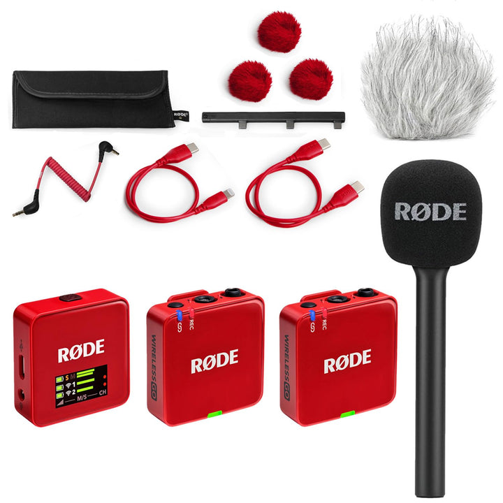 Rode Wireless GO Gen 3 Drahtloses 2-Kanal Mikrofon-Funksystem Rot mit Interview GO Handadapter und k