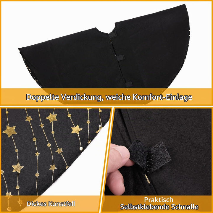 KONVINIT Weihnachtsbaumdecke Rund Schwarz Plüsch Christmasbaumdecke mit Sternen Weihnachtsbaum Rock