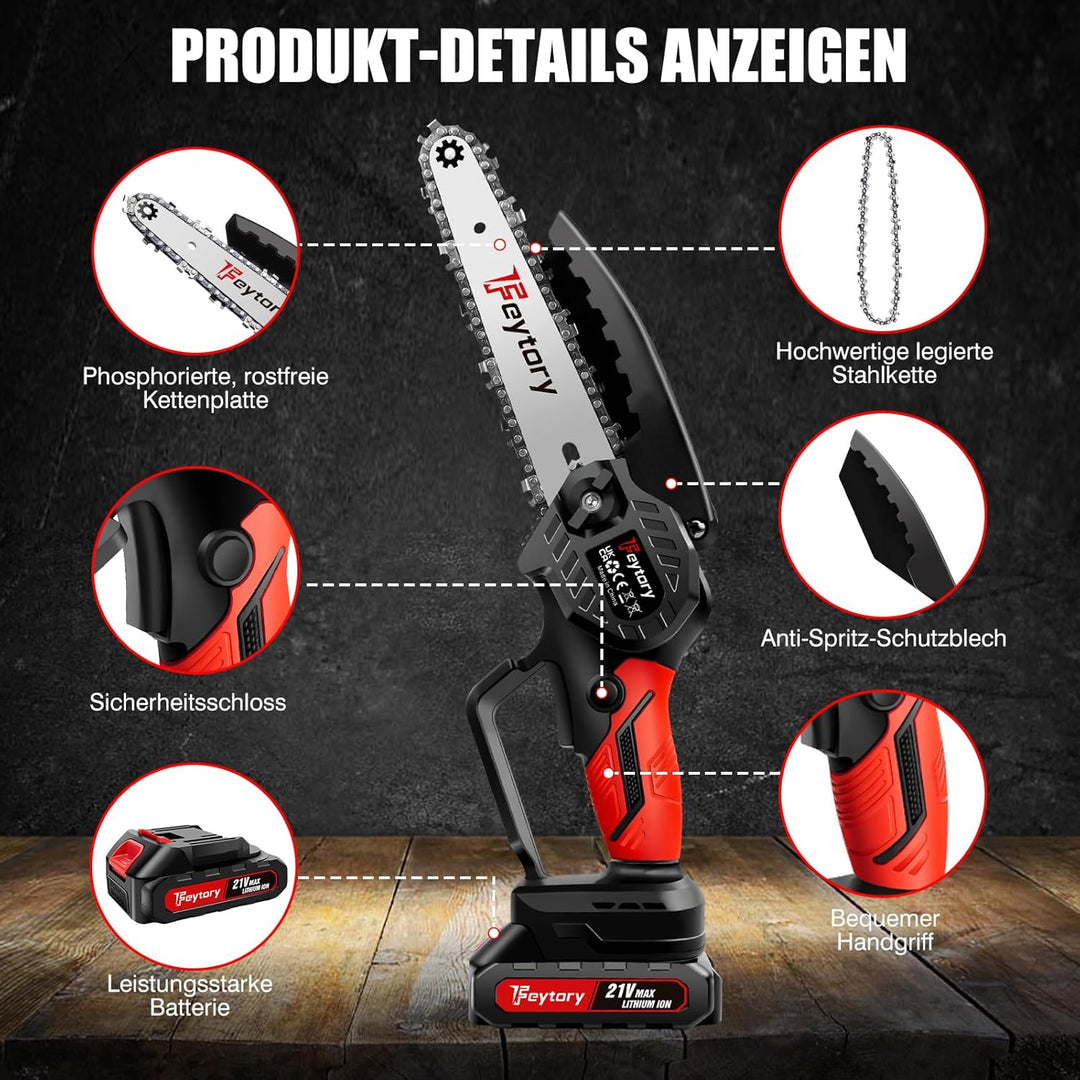 Mini Kettensäge mit Akku 6 Zoll Mini Kettensäge Elektro mit Akku 1500mAh Handkettensäge Akku Bürsten