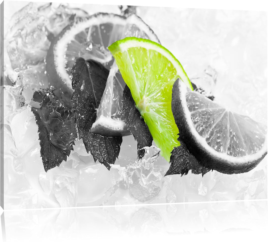 Minze mit Limetten im Eis schwarz/weiss Format: 100x70 auf Leinwand, XXL riesige Bilder fertig gerah