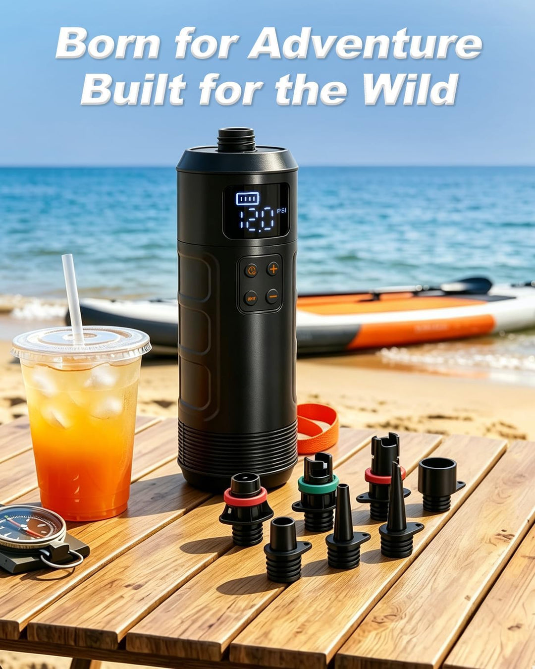 Mojimdo Elektrische SUP Pumpe, Kabellose Luftpumpe bis 12 PSI mit Auto-Stopp, Digitalanzeige & 7 Ven