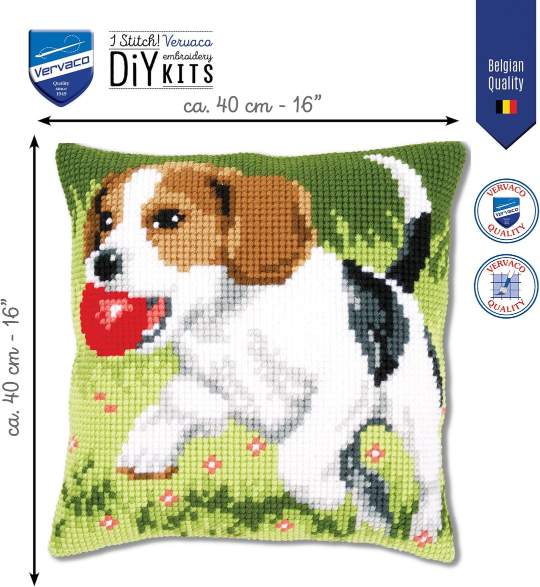 Vervaco Kreuzstichkissen Beagle Kreuzstickpackung vorgedruckt, Stramin, weiss, 40 x 40 x 0,3 cm