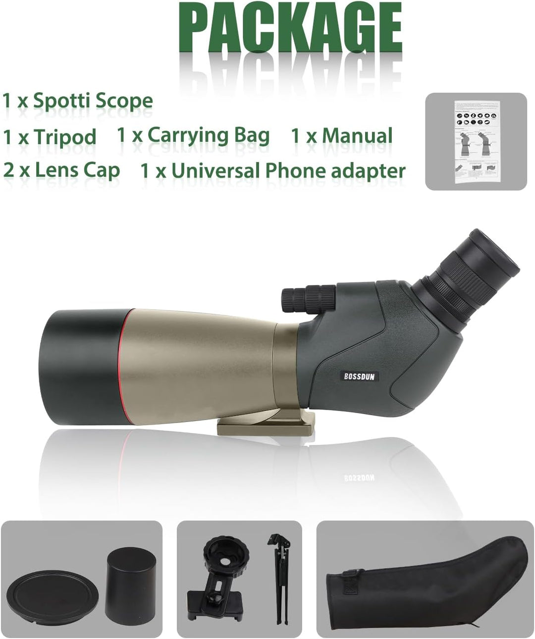 25-75x70 HD Spektiv Sportschützen mit Stativ- und Smartphone-Adapter, Zoom Bak4 Prism FMC Lens 45-Gr