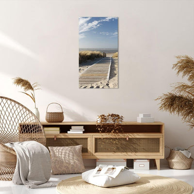 Bilder auf Leinwand 55x100cm Leinwandbild mit Rahmen Strand Meer Fussgängerbrücke Ufer Gross Wanddek