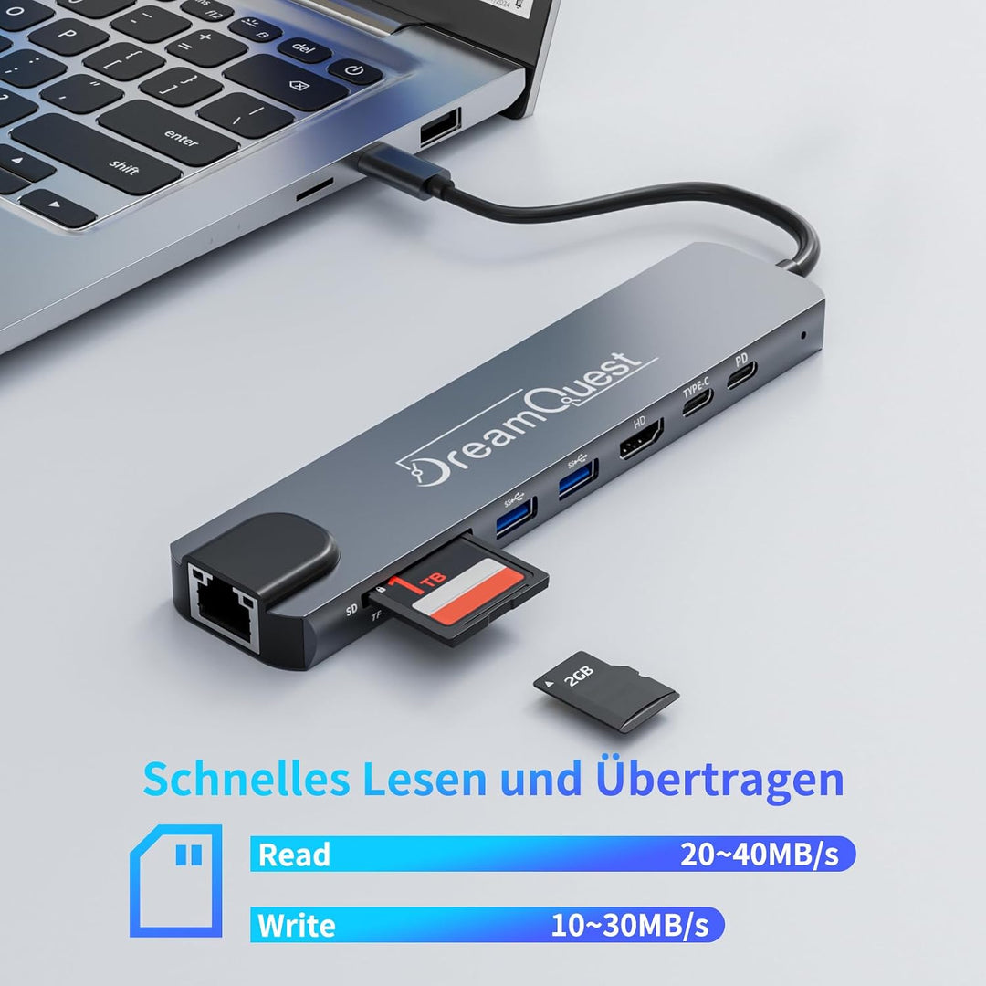 DreamQuest 8-in-1 USB C Hub Dockingstation, USB-C Adapter mit 4K HDMI, 100W PD Ladefunktion, RJ45 Et