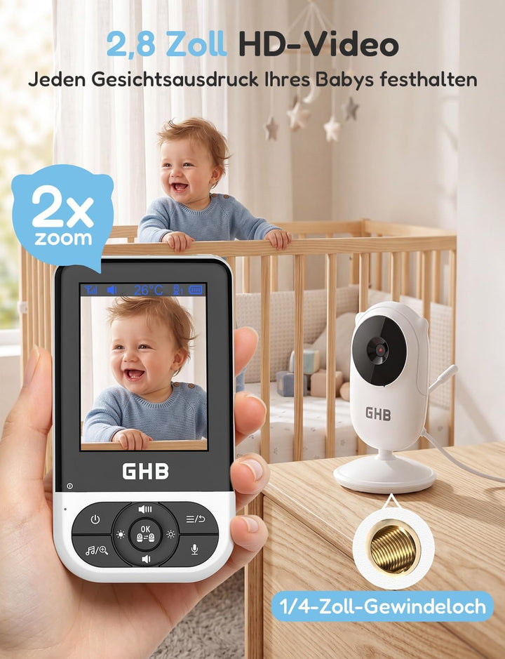 GHB Babyphone mit Kamera Baby Monitor 2,8 Zoll Schwarz | VOX-Modus Max. 35 Std, Infrarot-Nachtsicht,