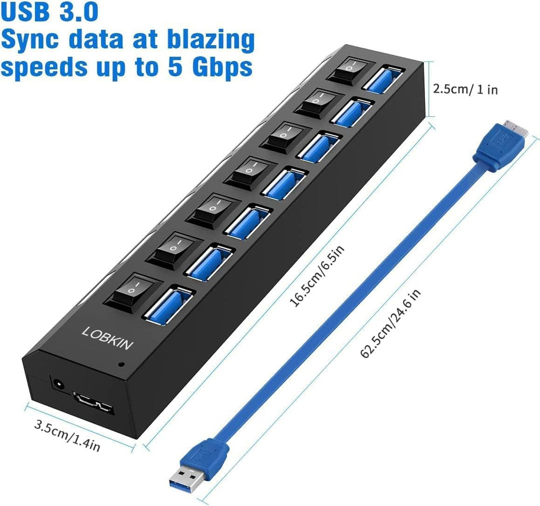 LOBKIN USB Hub 7-Port,Tragbar USB 3.0 Hub mit Einzelnen LED-Netzschaltern fur Laptop, PC, MacBook un
