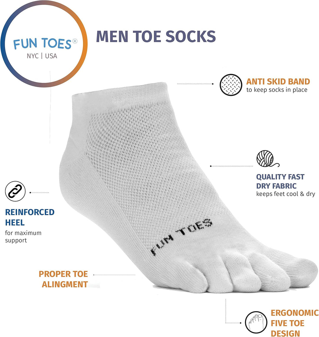 FUN TOES Herren-Zehensocken, Barfuss, Laufen, leicht, 6 Paar, Grösse EU 39-46 Weiss, Weiß