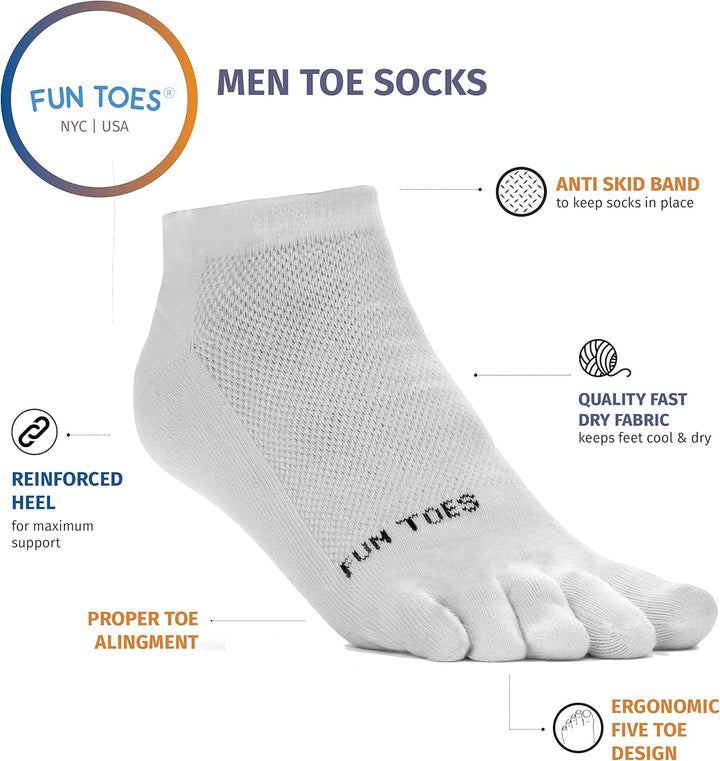 FUN TOES Herren-Zehensocken, Barfuss, Laufen, leicht, 6 Paar, Grösse EU 39-46 Weiss, Weiß
