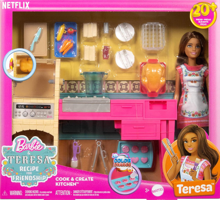 Barbie und Teresa Rezept für Freundschaft Teresa-Modepuppe und Küchenspielset mit mehr als 20 Zubehö