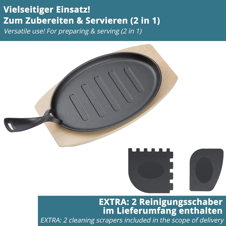 Servierpfannen aus Gusseisen extra Gross mit 27cm – Grillpfännchen inkl FSC Holzuntersetzer 32cm – S