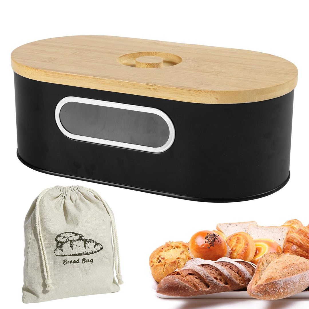 Brotkasten mit Bambusdeckel und Leinen-Brotbeutel | Metall Brot Aufbewahren mit Belüftungslöcher, Br