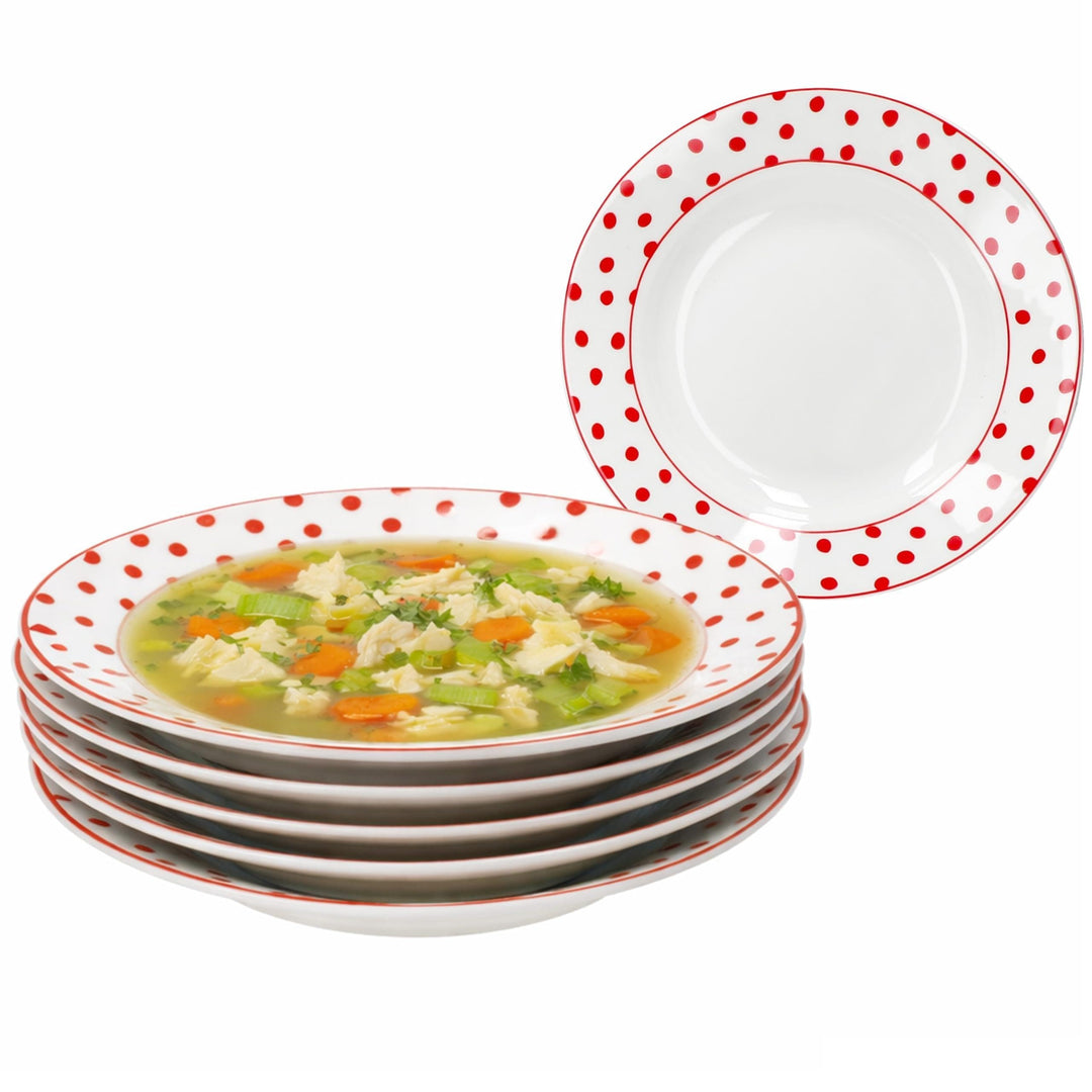 MamboCat 6er Set Suppenteller Rot gepunktet I 200ml, Ø20,5cm I tiefe Teller aus Steingut I weiss mit