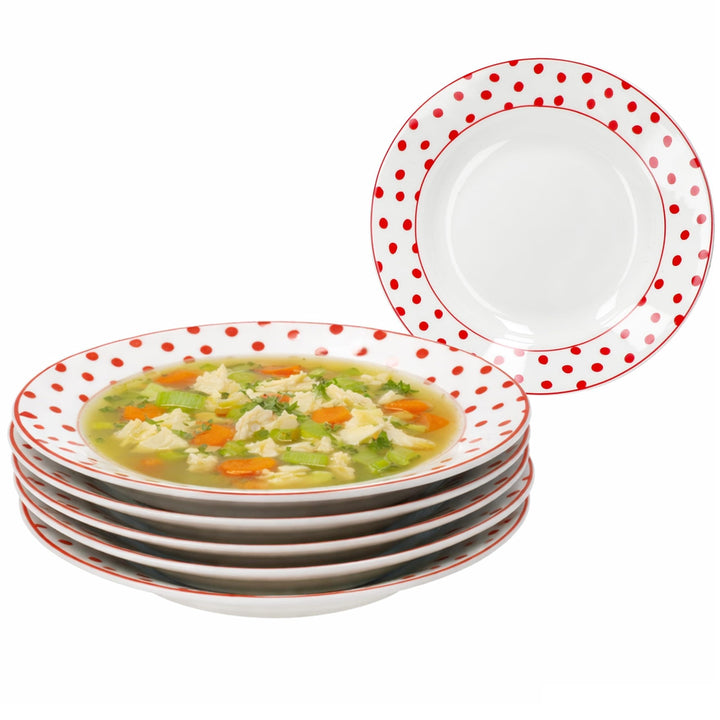 MamboCat 6er Set Suppenteller Rot gepunktet I 200ml, Ø20,5cm I tiefe Teller aus Steingut I weiss mit