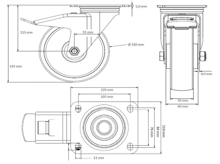 der ROLLENDE SHOP - Lenkrolle mit Bremse Durchmesser 160 mm - Serie BAU5 Doppelkugellager