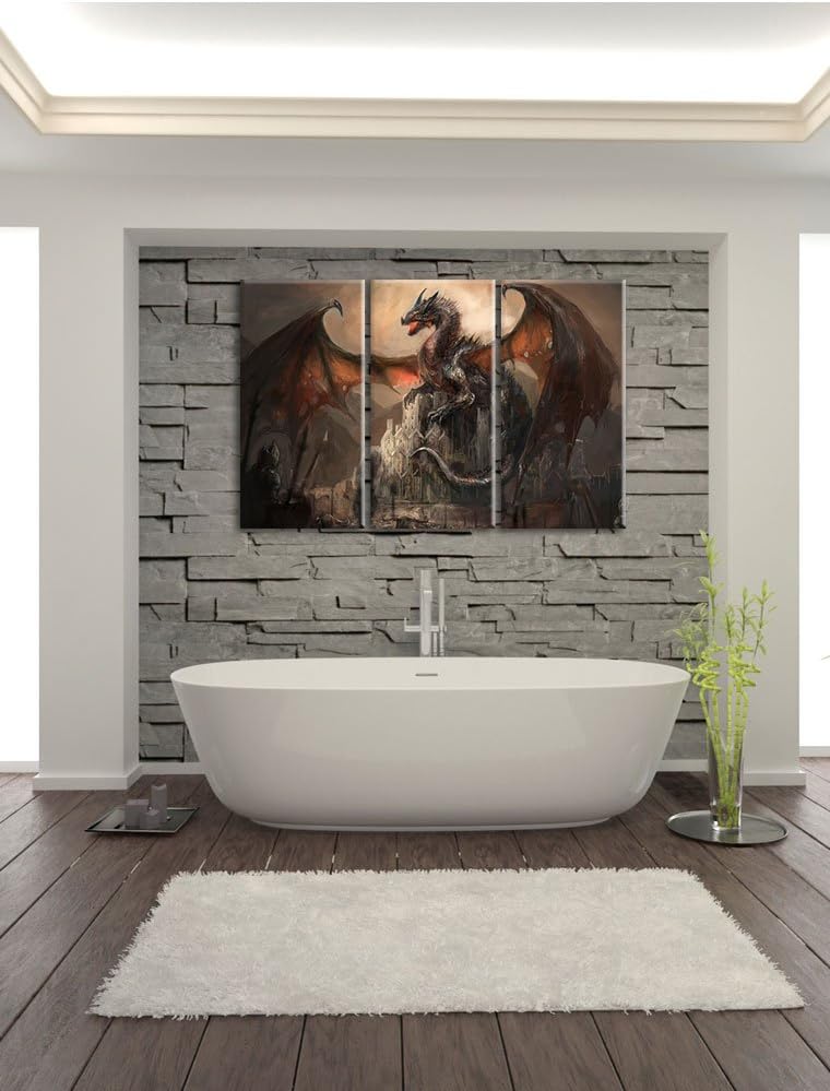 Pixxprint Drache schützend über Burg als Leinwandbild - Grösse: 3-Teilig (120x80cm) - Wandbild - Kun