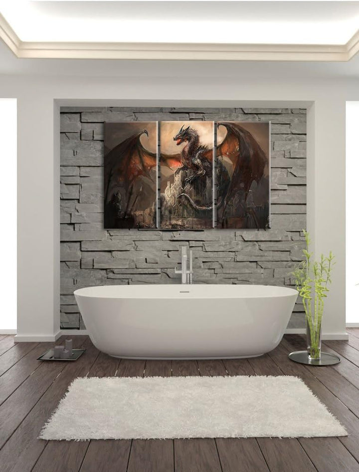 Pixxprint Drache schützend über Burg als Leinwandbild - Grösse: 3-Teilig (120x80cm) - Wandbild - Kun
