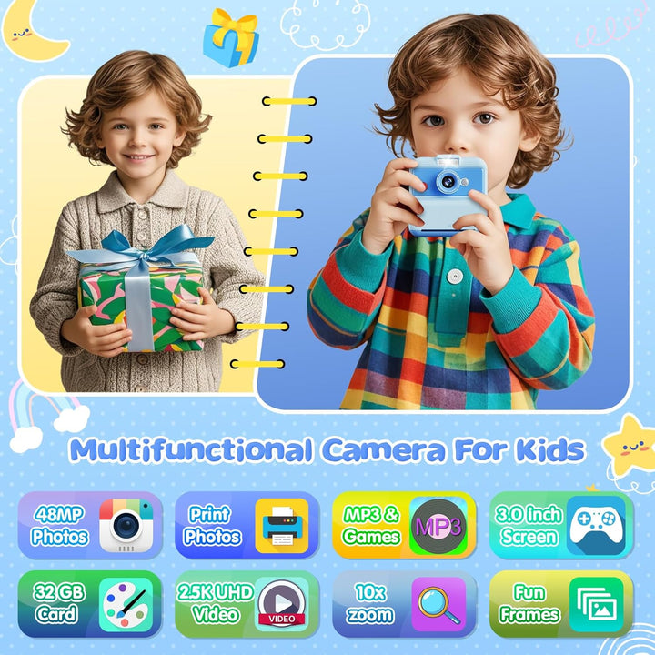CAMCLID Sofortbildkamera Kinder, 3,0 Zoll Bildschirm Kinderkamera Sofortbildkamera, 48MP/2,5K UHD Ki