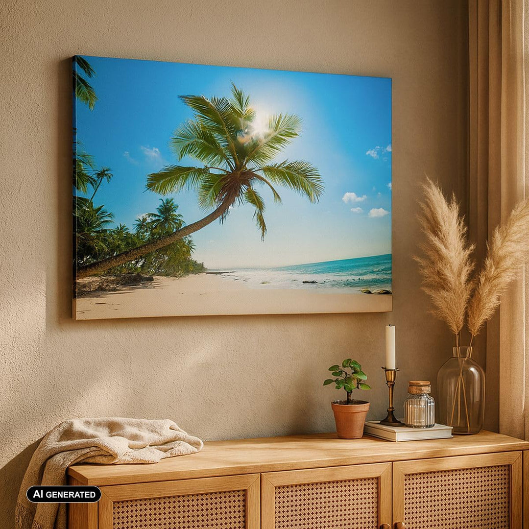 Bilder auf Leinwand 100x70cm Leinwandbild mit Rahmen Strand Palme Meer Gross Wanddeko Bild Schlafzim