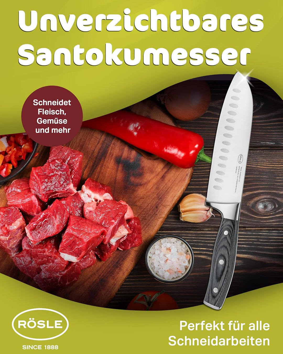 RÖSLE Santokumesser WOLFGREY 17,5 cm – Scharfes Küchenmesser & Kochmesser mit Kullenschliff – Santok