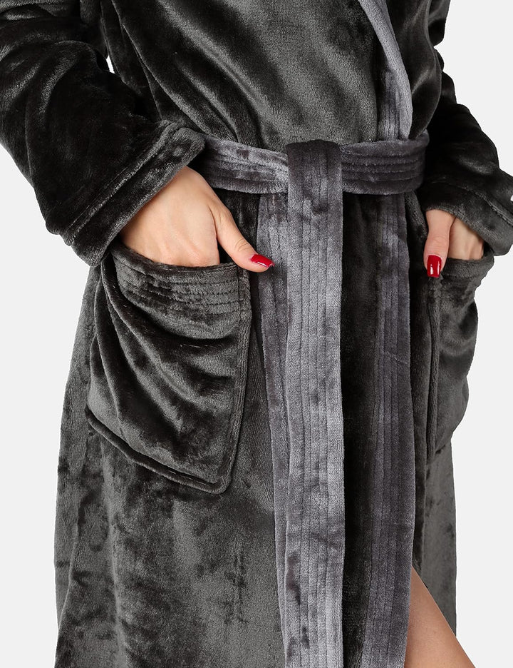 Bellivalini Damen Bademantel lang mit Kapuze und Gürtel BLV50-168 M Graphit/Grau, M Graphit/Grau