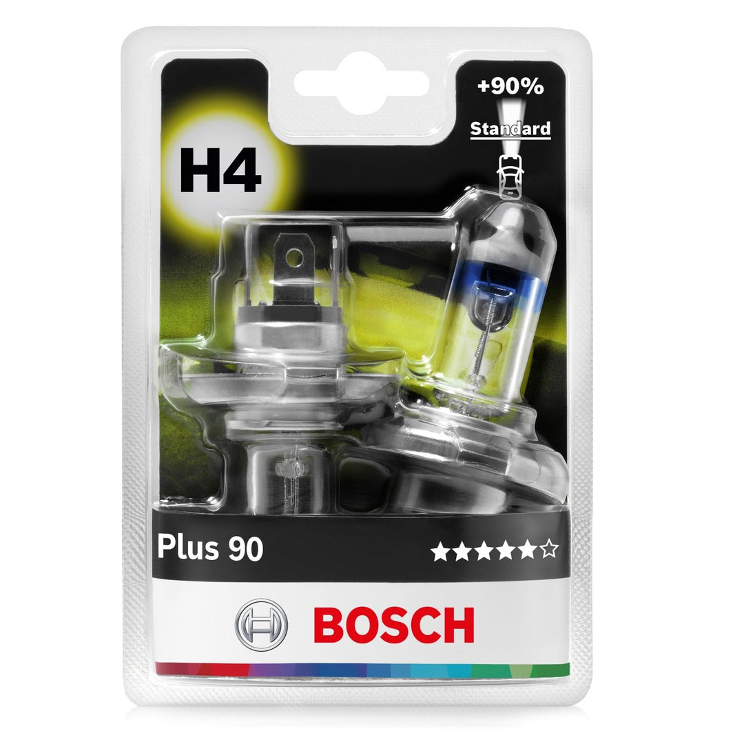Bosch H4 Plus 90 Halogen-Glühlampe für Auto-Scheinwerfer, 12 V 60/55 W, 90% mehr Licht - Lampensocke