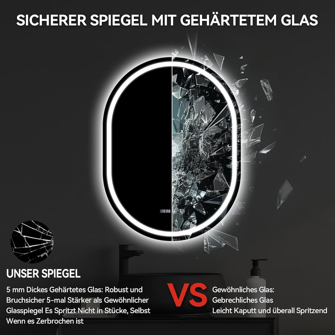 YOURLITE Badspiegel mit Beleuchtung Ovaler, Badezimmerspiegel Vertikaler mit LED Beleuchtung, LED Sp