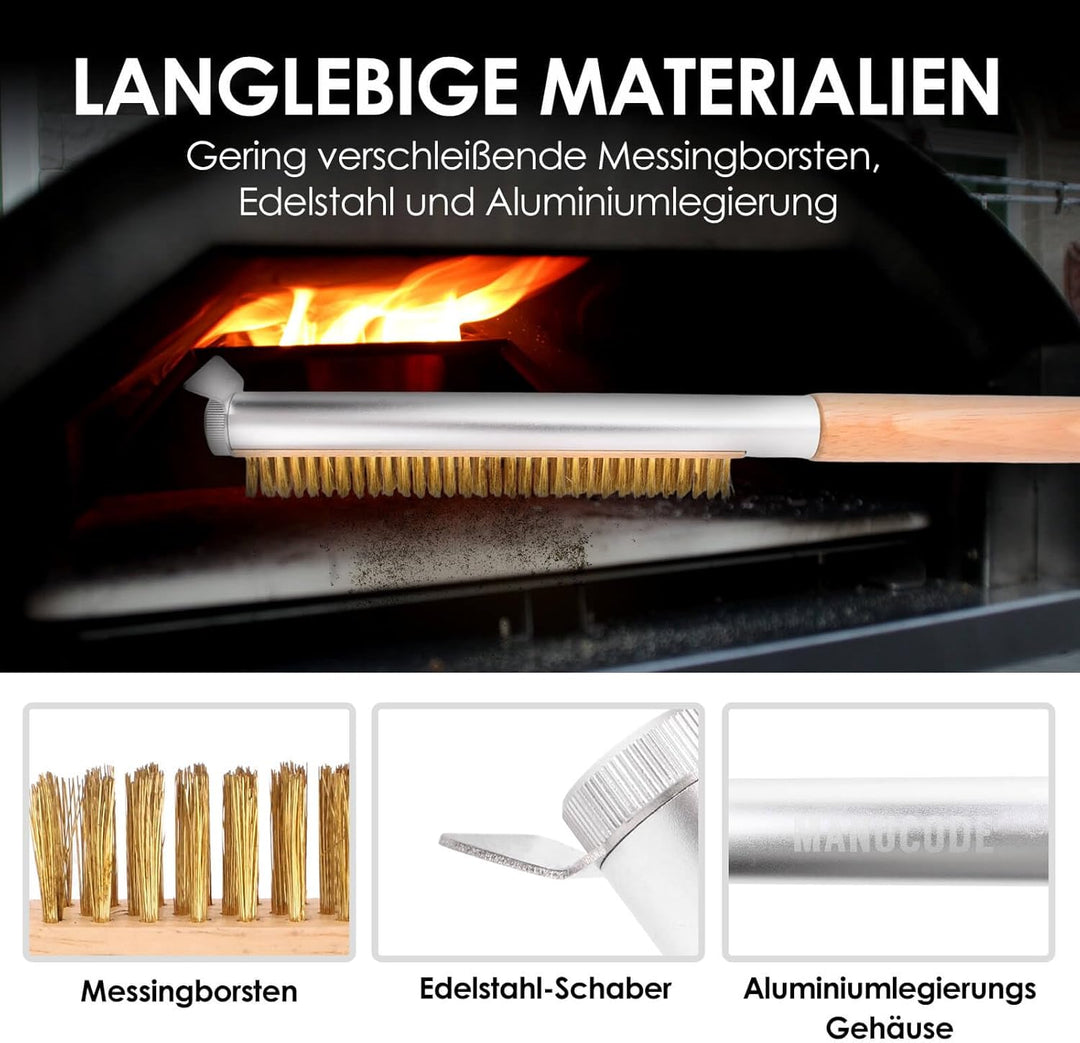 Profi Pizzaofen-Bürste 52cm mit Edelstahlschaber und Messingborsten – Ideal für Outdoor- und Indoor-