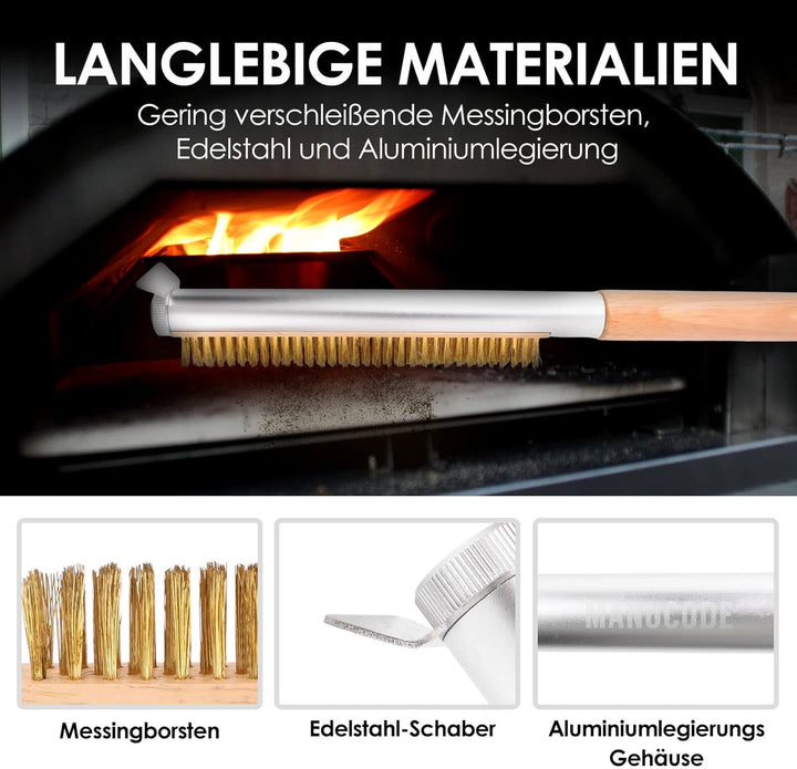 Profi Pizzaofen-Bürste 52cm mit Edelstahlschaber und Messingborsten – Ideal für Outdoor- und Indoor-