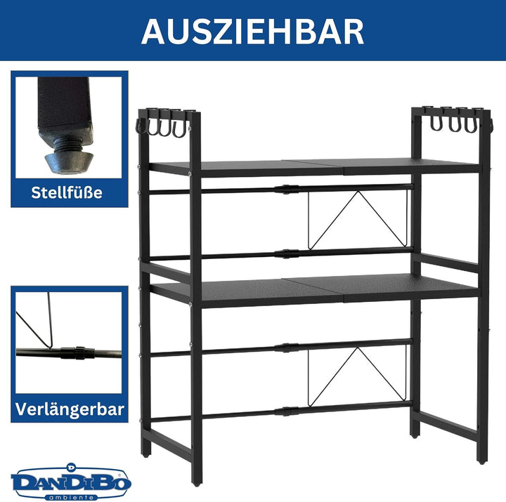 DanDiBo Verstellbares Küchenregal für Arbeitsplatte Schwarz Stehend 3 Stufig 40-64 cm Regal Küche 96