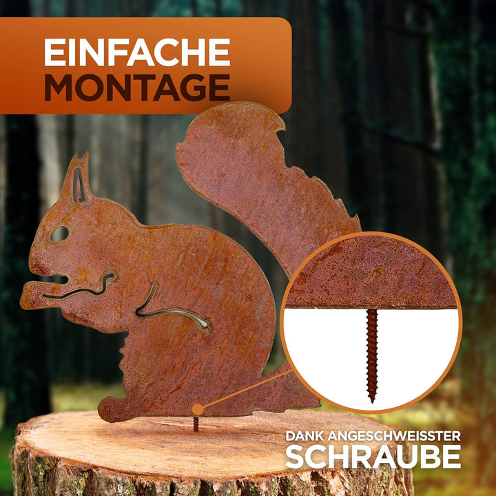 GK Rostiges Eichhörnchen, sitzender Baumstecker, Patina-Dekoration, Höhe 25 cm x Breite 21 cm, Metal