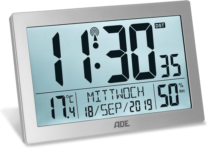 ADE Digitale Funkuhr mit grossem XL-Display | Kalender | mit Temperaturanzeige & Hygrometer | Wanduh