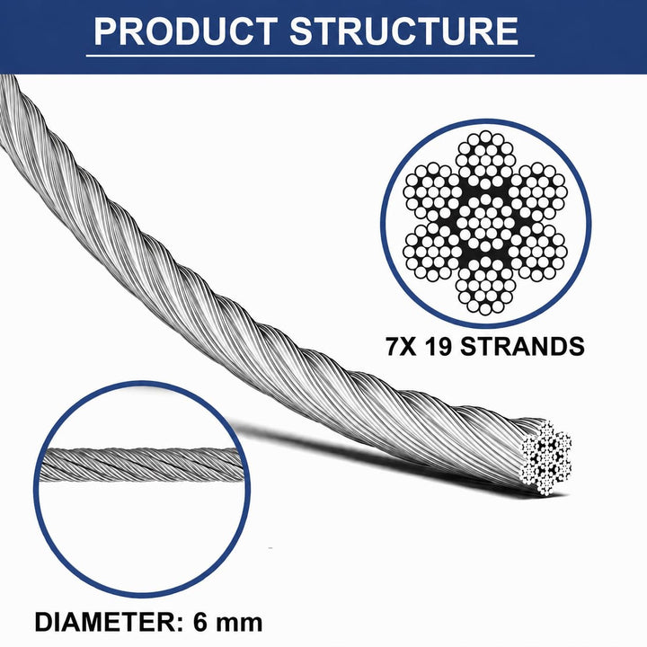 hannger Edelstahldrahtseil Ø 6mm, 7,6 Meter Drahtseil Edelstahl, 7x19 Litzenkern, 304 Edelstahl Stah