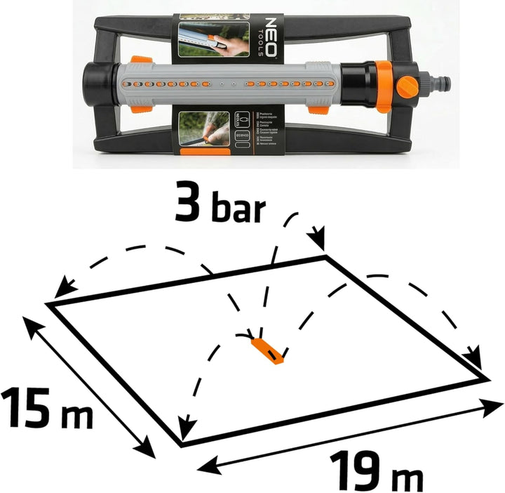 NEO TOOLS Viereckregner Oszillierend, Rasensprenger 15x19m bis 285 m2 Reichweite, 18 Auslassdüsen, E