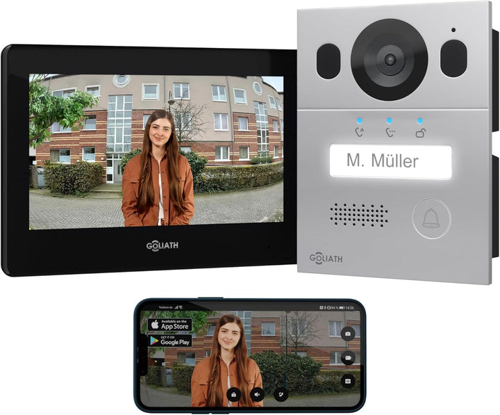 GOLIATH Basic Video Türsprechanlage, 2 Draht Bus, 7 Zoll Monitor, Aufputz Türklingel mit Kamera, Geg