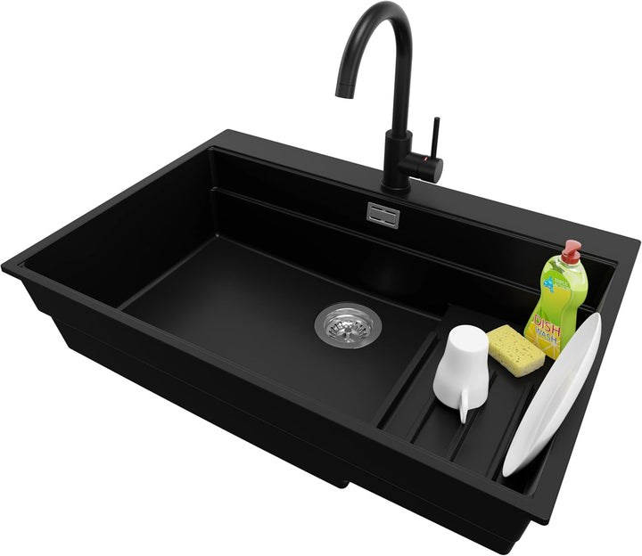 PRIMAGRAN Granitspüle Schwarz 78x53cm, Spülbecken 1 Becken + Ablauf-Set + Küchenarmatur 32x20cm, Küc