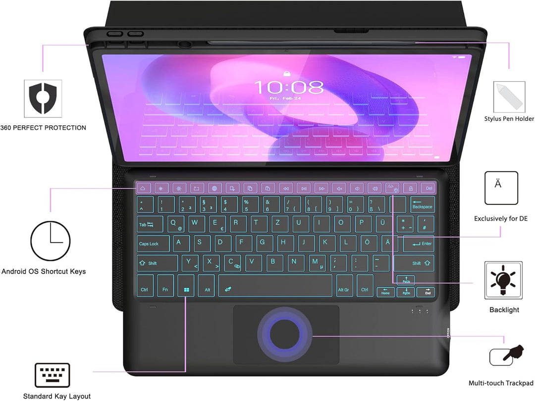 Für Lenovo Idea Tab Pro Tablet 12.7" Hülle mit Tastatur - 7 Farben Beleuchtung Abnehmbare Trackpad C