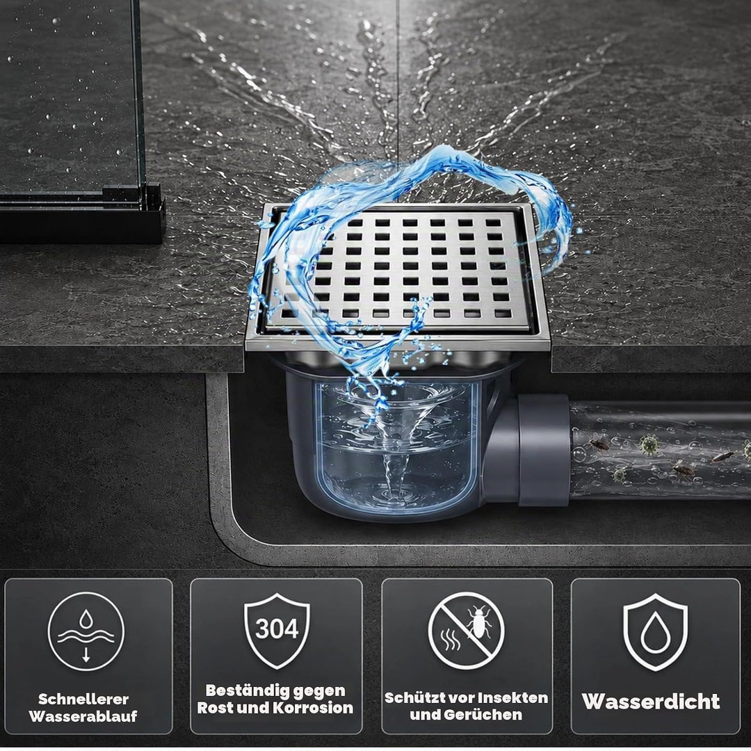 Duschrinne Quadratisch Edelstahl Bodenablauf mit 360° Siphon Geruchsstop, 15x15CM Bodenablauf Dusche