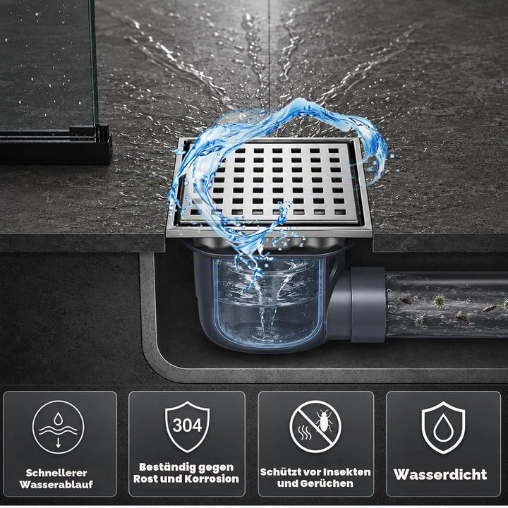 Duschrinne Quadratisch Edelstahl Bodenablauf mit 360° Siphon Geruchsstop, 15x15CM Bodenablauf Dusche