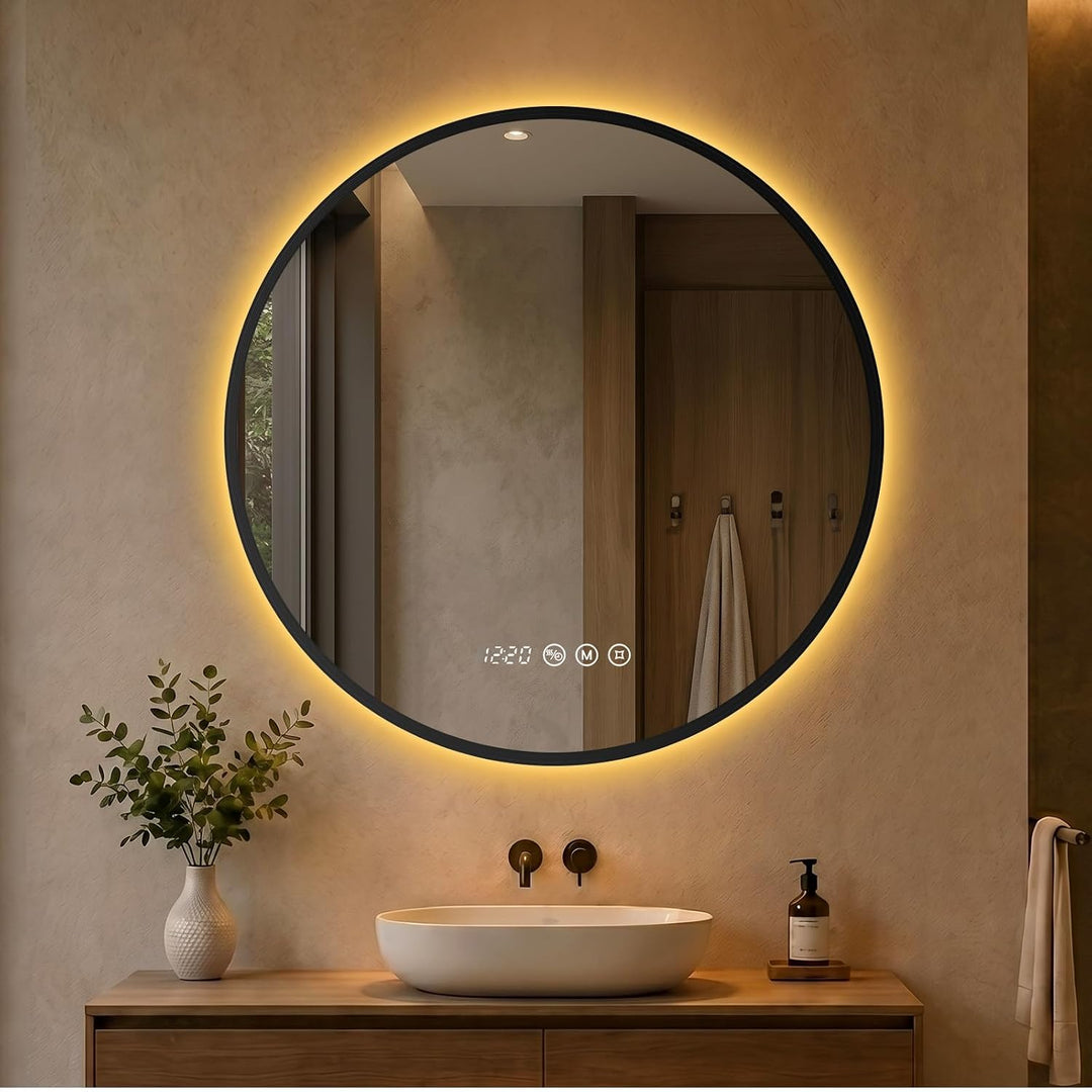 LED Badezimmerspiegel Rund Ø70 cm, Schwarzer Rahmen Schwarze Rahmenserie 70L x 70B cm, Schwarze Rahm