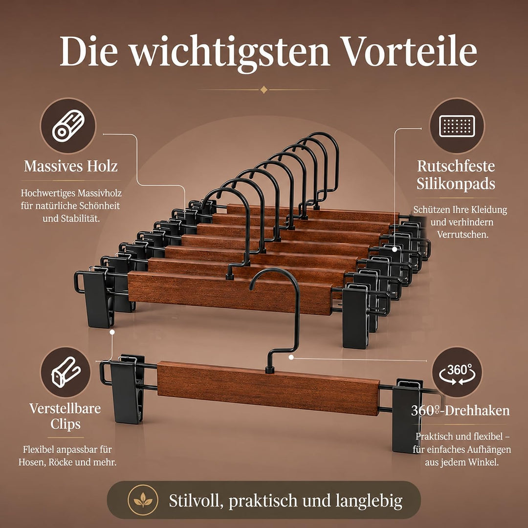 10 Stück Hosenbügel aus Umweltfreundlichem Naturholz, Rockbügel mit Verstellbaren Anti-Rutsch Clips