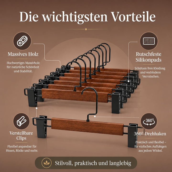10 Stück Hosenbügel aus Umweltfreundlichem Naturholz, Rockbügel mit Verstellbaren Anti-Rutsch Clips