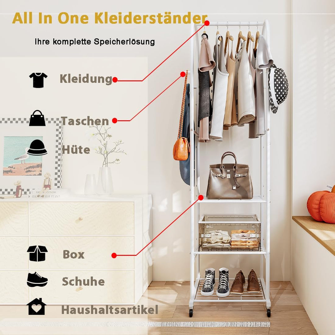 Kleiderständer mit Rädern und 3-stufigen Metallböden, Kleiderstangen zum Aufhängen von Kleidung mit