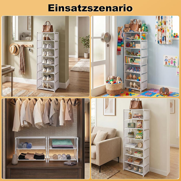 8 Ebenen Schuhregal Schmal Weiss, Platzsparendes DIY Regalsystem für Kleiderschrank & Büro, Hoch Sch